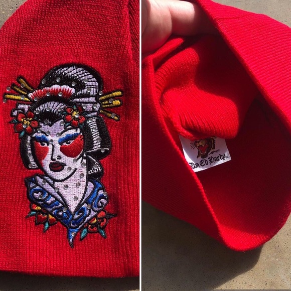 Don Ed Hardy Embellished & Embroidered Geisha Women Beanie - Red - Picture 4 of 4